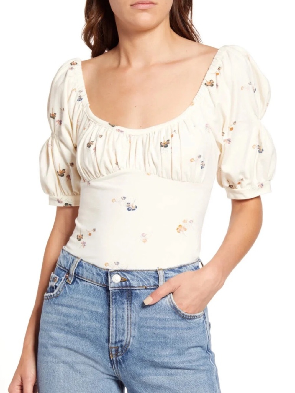 FREE PEOPLEPlay Date Floral Print Stretch Cotton Bodysuit in Blue